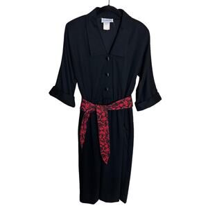 Leslie Fay size 10 Dress Vintage 80s Black 3/4 Sleeve Jersey Shirt Red Tie Belt